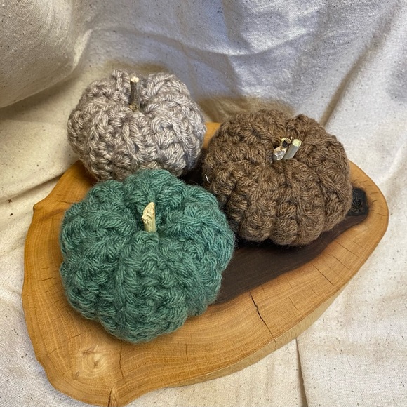Curated Crochet pumpkin set brown sage and oatmeal fall decor handmade - Picture 1 of 4